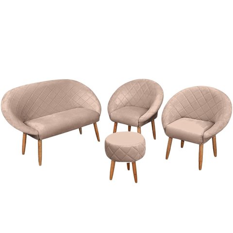 Kit Recepção 2 Poltronas 1 Namoradeira com Puff Resistente para Sala de Espera Decor Tecido Veludo