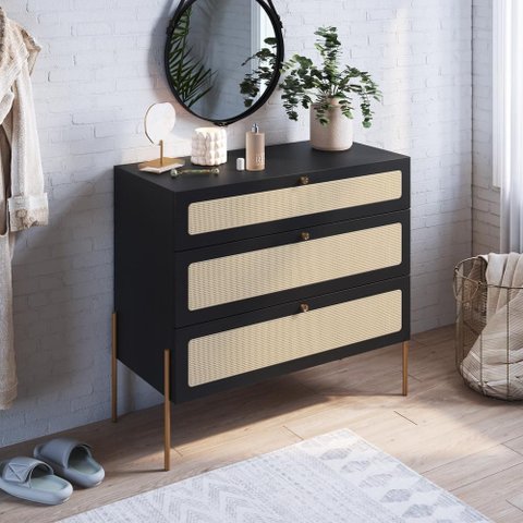 Cômoda 3 Gavetas Palhinha Pé Metal Oslo Artesano | Nero/dourado