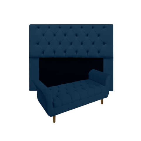 Jogo com Cabeceira Mirage + Recamier Grécia Queen 160 cm Suede Azul Marinho