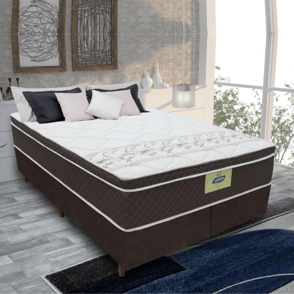 Cama Box Casal King Colchão Molas Ensacadas Euro Top Rubi Gazin 193x203x70cm Marrom / Branco