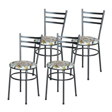 Conjunto 4 Cadeiras para Cozinha Epoxi Preta Craqueada Assento Floral Orquídea