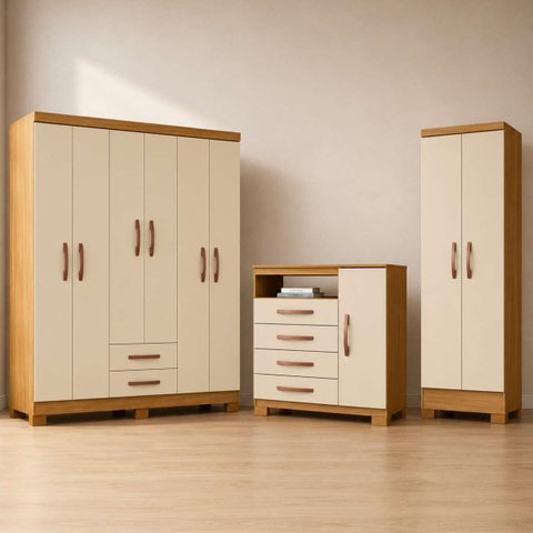 Kit Guarda Roupa Casal 6 Portas com Cômoda 4 Gavetas 1 Porta Multiuso em MDP Carvalho Off White