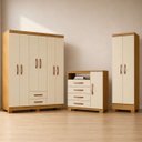 Ver imagem 1 de Kit Guarda Roupa Casal 6 Portas com Cômoda 4 Gavetas 1 Porta Multiuso em MDP Carvalho Off White