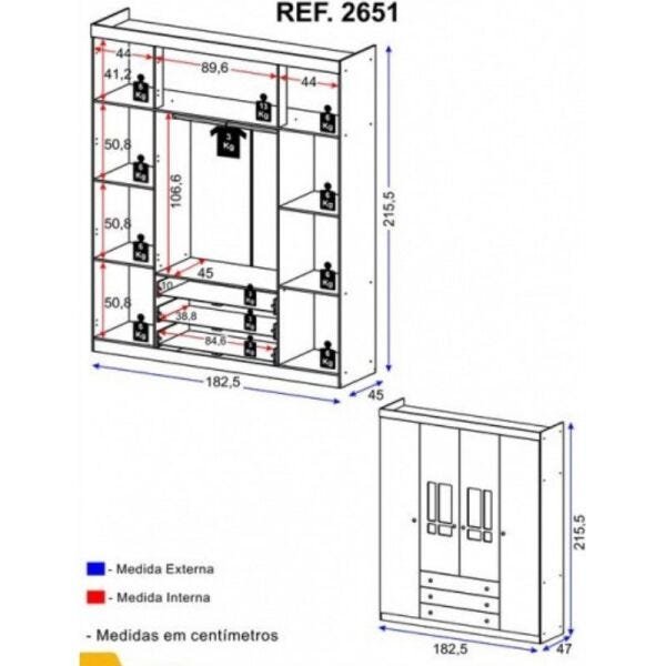 Guarda-Roupa 4 Portas e 3 Gavetas Brigadeiro Plus Carvalho Avelã Texturizado - Branco - Multimó - 4