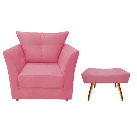 Kit Poltrona Decorativa Isis + Puff Retangular Suede Rosa Pés Madeira Ms Decor