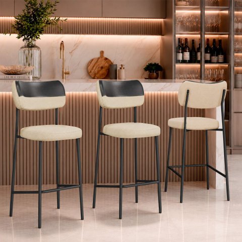 Kit 3 Banquetas Alta Sala de Jantar Lisa Pés Preto Linho/PU Bege/Preto m² - Monari Design