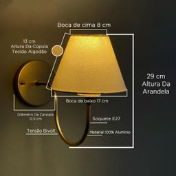 Arandela Luminaria de Parede Curvada Dourado em Aluminio Bivolt com Cupula Bege Algodao - 3