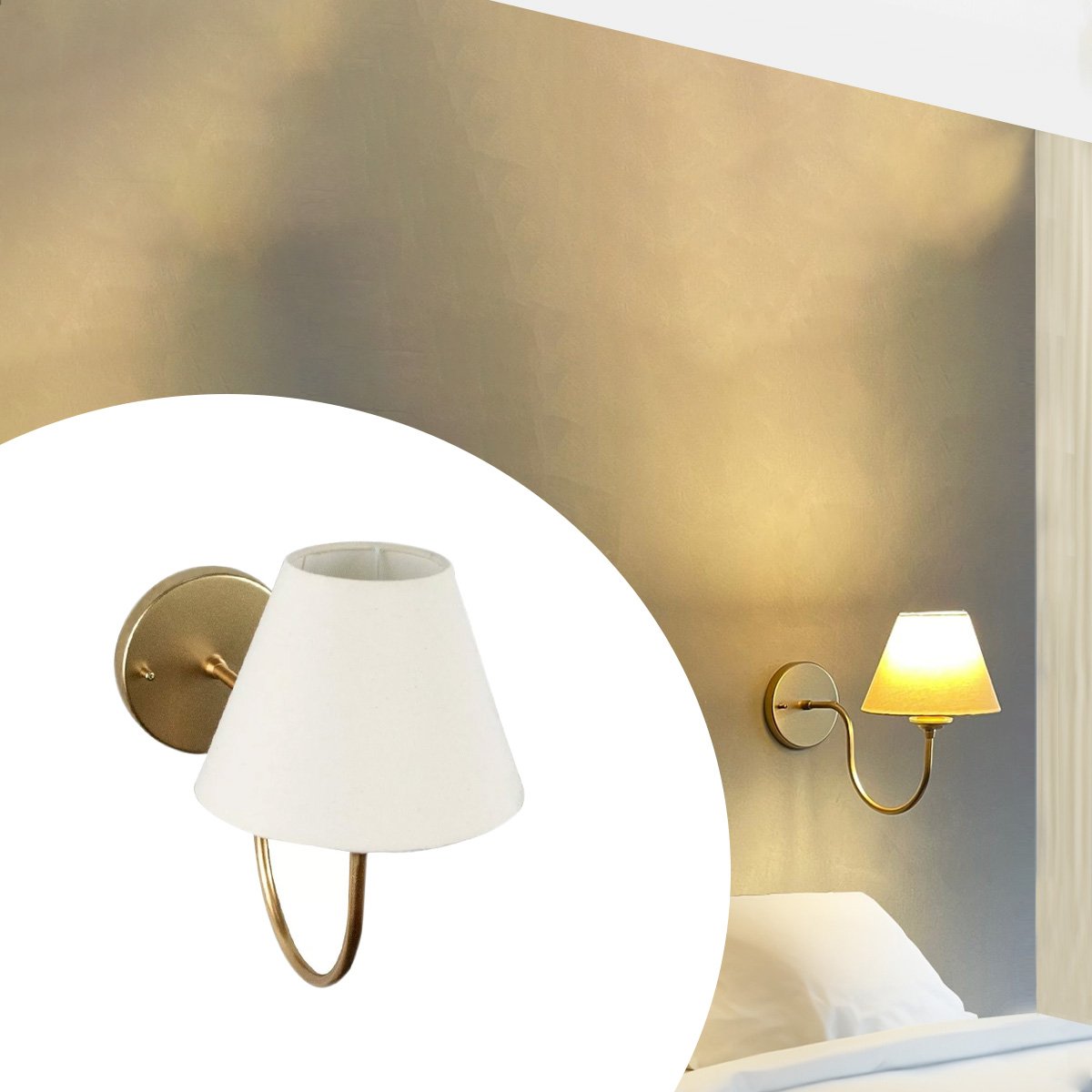 Arandela Luminaria de Parede Curvada Dourado em Aluminio Bivolt com Cupula Bege Algodao - 2