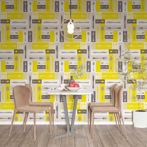 Papel de Parede Talheres em Blocos Coloridos Amarelo Gh Papel de Parede 2,5m
