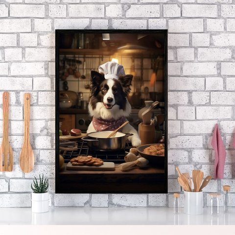 Quadro para Cozinha Cão Border Collie 33x24cm - com Vidro:madeira Preta