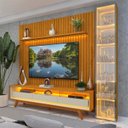 Ver imagem 1 de Rack com Painel Ripado para TV até 85 Polegadas com LED 100% MDF 266,8cmx237cm Pés em Madeira Maciça Mad Esp Nobre Clean Requinte Luminare