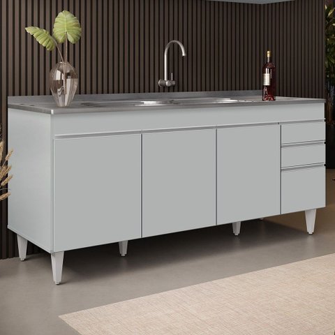 Balcão de Cozinha com Pia Inox 180cm 4 Portas Dallas Cinza Claro - Lumil Lumil Móveis