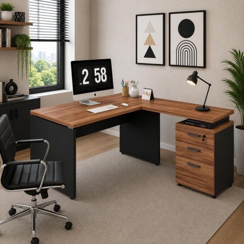 Mesa em L com Gaveteiro F5 Moderno 3 Gavetas 150cm Nogal com Preto F5 Office