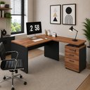 Ver imagem 1 de Mesa em L com Gaveteiro F5 Moderno 3 Gavetas 150cm Nogal com Preto F5 Office