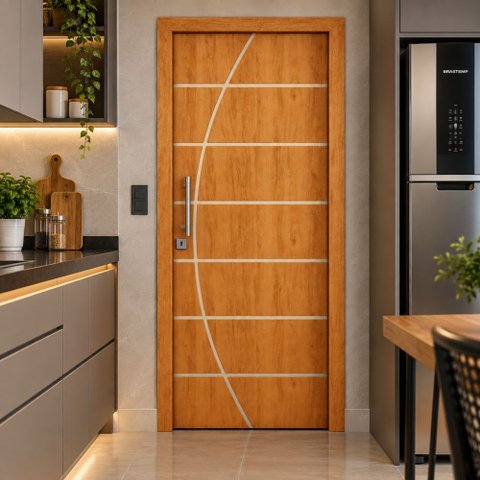 Porta Frisada R20C 210x80 cm Design Moderno Estrutura em Pinus e Acabamento UV.:Cerejeira