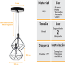 Ver imagem 3 de Lustre com 2 Pendentes Aramados Diamante - Cromado - 2-2100-11