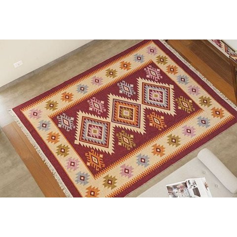 Tapete Turco Kilim - Antep - 1,40m X 2,00m - Vermelho - Desenho 002 - Niazitex