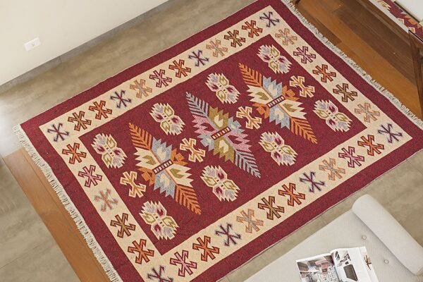 Tapete Turco Kilim - Antep - 1,40M x 2,00M - Vermelho - Desenho 001 - Niazitex