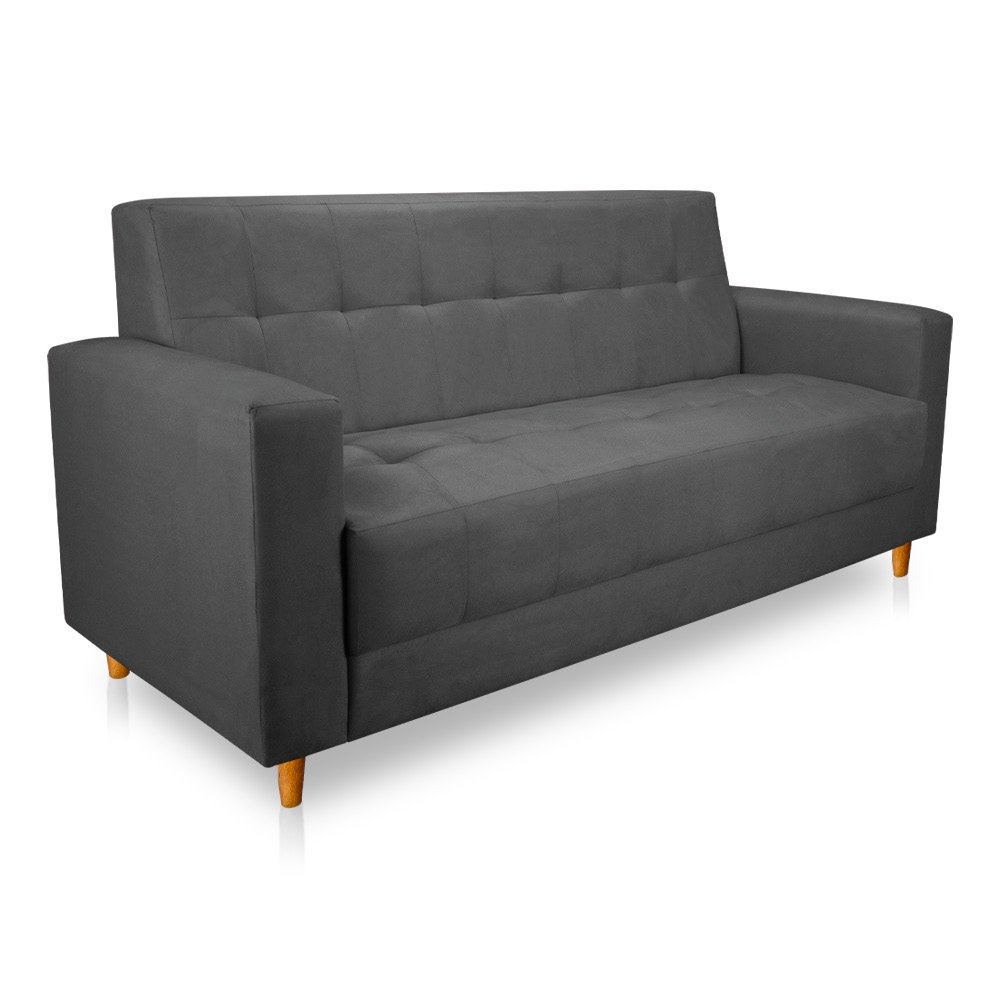 Sofá 03 Lugares 180cm Atenas Suede Grafite Pés Castanho - Pallazio