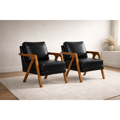 Kit 2 Poltronas Mona Luxo Madeira Maciça Corino Preto para Sala de Estar Decorativa Moderna