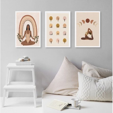 Kit 3 Quadros Decorativos Yoga- Poses 24x18cm - com Vidro:madeira Preta