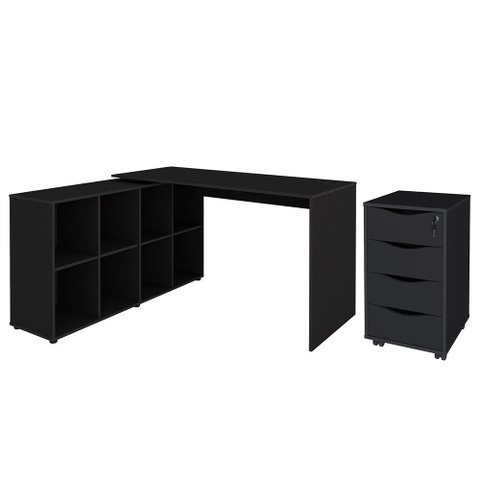 Mesa Escrivaninha em L Eron e Gaveteiro com Rodízios Mity A06 Preto - Mpozenato