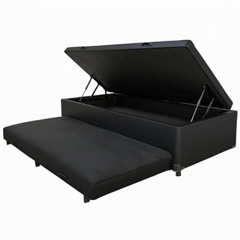 Cama Box Baú Solteiro com Auxiliar Conjugada | (188x88x42) - Corino Preto
