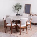 Ver imagem 1 de Conjunto de Jantar Mesa Redonda com Vidro Bennett 6 Cadeiras Ella - Natural C/ Off White