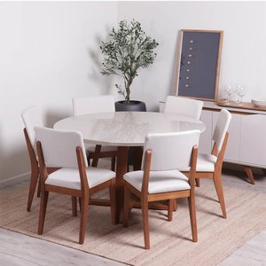Conjunto de Jantar Mesa Redonda com Vidro Bennett 6 Cadeiras Ella - Natural C/ Off White