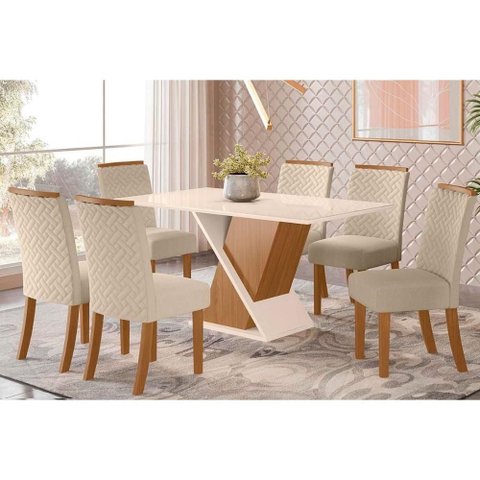 Conjunto: Mesa Sala Jantar Solus Tampo Madeirado C/ Vidro 160x90cm e 6 Cadeiras Malu Nature/linho -