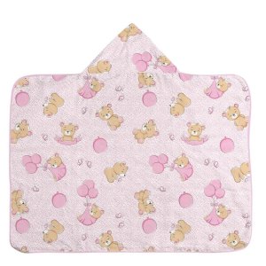 Toalha de Banho Bebe C/forro Bercinho: Ursa Balões Rosa