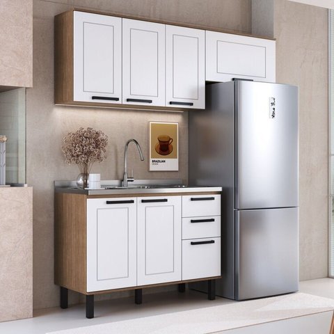Cozinha Modulada Provençal 3 Peças Balcão 120cm 2 Armários Marrom/Jequitibá/Branco Fosco