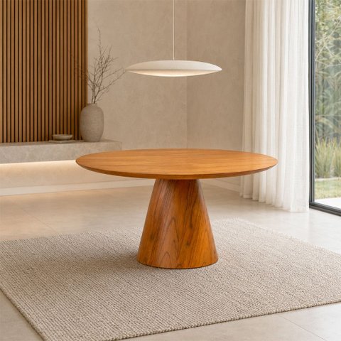 Mesa de Jantar Cone Madeira Maciça e Lâmina Madeira Natural 1,35m