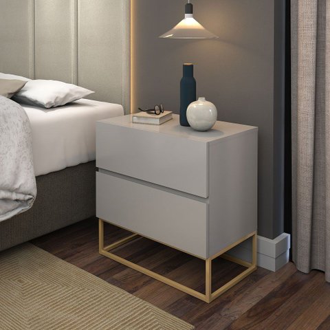 Mesa de Cabeceira 2 Gavetas Eros 45cm MDF Off White Estilo Industrial com Pés de Ferro Dourado