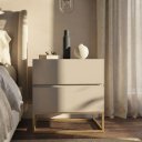 Ver imagem 3 de Mesa de Cabeceira 2 Gavetas Eros 45cm MDF Off White Estilo Industrial com Pés de Ferro Dourado