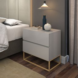 Mesa de Cabeceira Eros 45cm 2 Gavetas Estilo Industrial Off White Brilhante com Pés de Ferro Dourado - 1