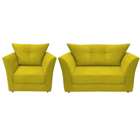 Kit Namoradeira + 1 Poltrona Decorativa Isis Couro Amarelo Pés Madeira Ms Decor