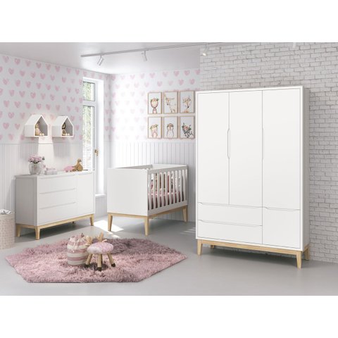 Jogo de Quarto para Bebê Completo 3 Portas Classic New Branco Fosco com Natural - MoveisAqui