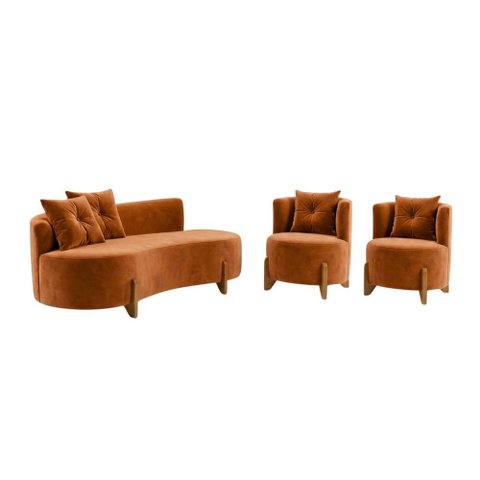 Conjunto 2 Poltronas + Sofá Curvo Orgânico Veludo Terracota - Montanaris Decor