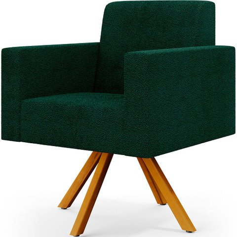 Poltrona Giratória Sala de Estar Base de Madeira Helô L02 Bouclê Verde - Lyam Decor