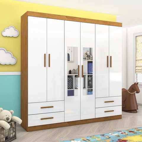 Guarda-Roupa 6 Portas 4 Gavetas com Espelho Infantil Perola Branco/Cinamomo