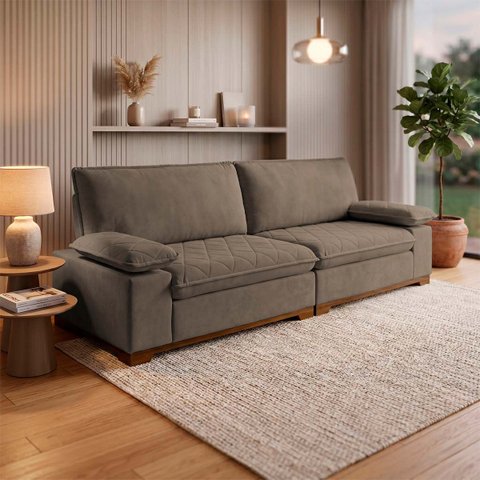 Sofá Living Siberian 2,50m Bouclê Marrom Braço Reclinável - King House