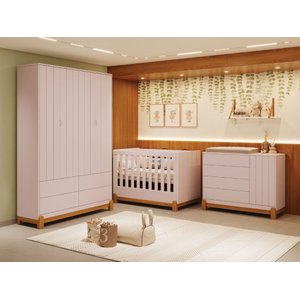 Quarto de Bebê Lótus com Guarda-roupa 4 Portas, Cômoda com Porta e Berço Minicama Rosa Reller