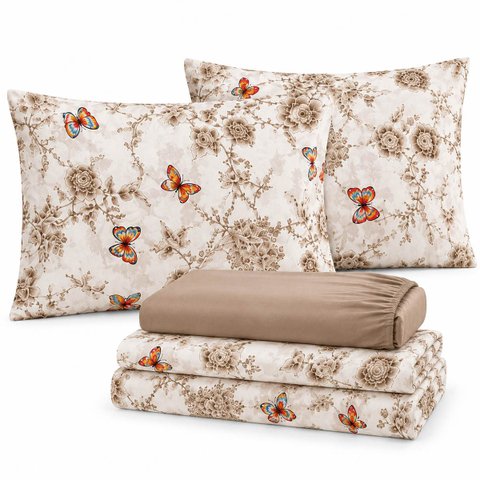 Jogo de Cama Lençol Queen Lótus Micropercal 400 Fios Estampado Toque Macio 4 Peças Borboleta Bege