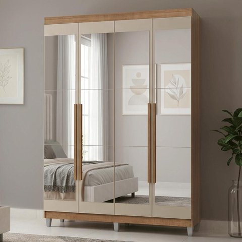 Guarda-Roupa Solteiro com Pés 4 Portas Batentes com Espelhos Rustic/Crema/Rustic Netuno Madesa