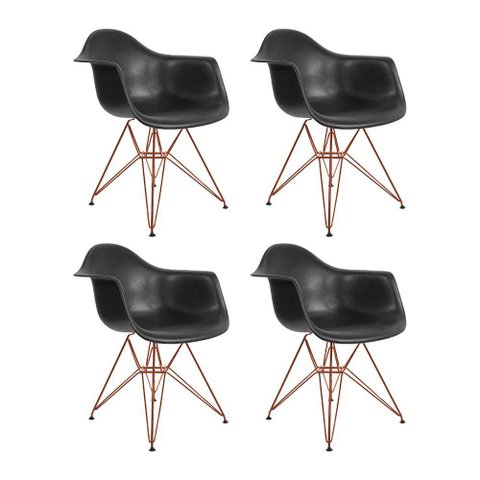 Kit 4 Poltronas Pretas com Braço Daw em Ferro Cobre Preto