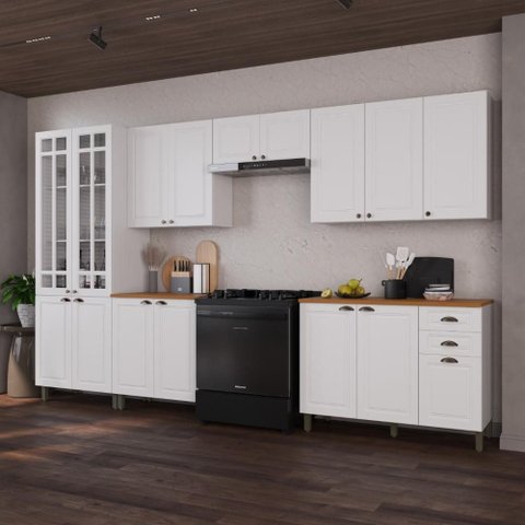 Armário de Cozinha Modulada Completa Fidelitá Nara 100% MDF 6 Peças 360cm 16 Portas 2 Gavetas com