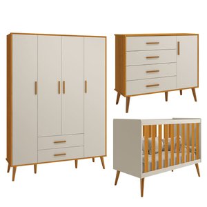 Kit Berço Americano Flex+ Comoda Sapateira+roupeiro Retrô Isis 4 Portas 2 Gavetas Areia Fosco/savana