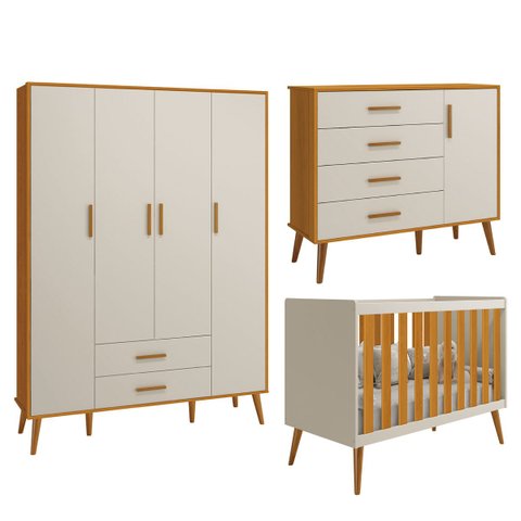 Kit Berço Americano Flex+ Comoda Sapateira+roupeiro Retrô Isis 4 Portas 2 Gavetas Areia Fosco/savana