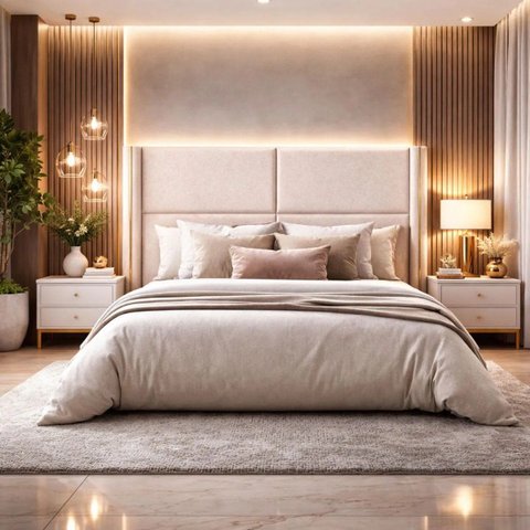 Cabeceira Grecia Estofada Luxo Casal com Detalhes Dourado Bz Bege